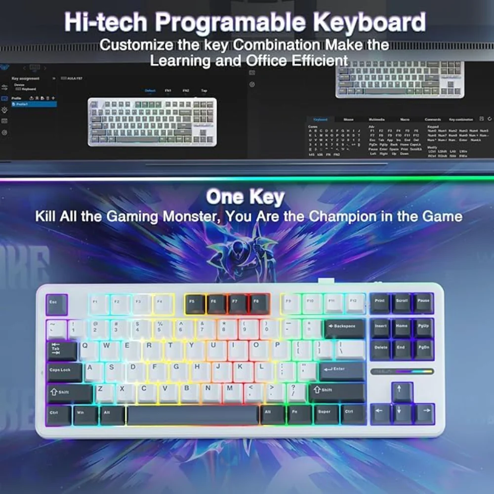 Aula-f87-75-wireless-mechanical-gaming-keyboard-smoke-blue-graywood-switch-f87uw-02 Rgb-lit programmable keyboard advertised with slogans: 'hi-tech programmable keyboard' and 'one key kill all the gaming monster'.
