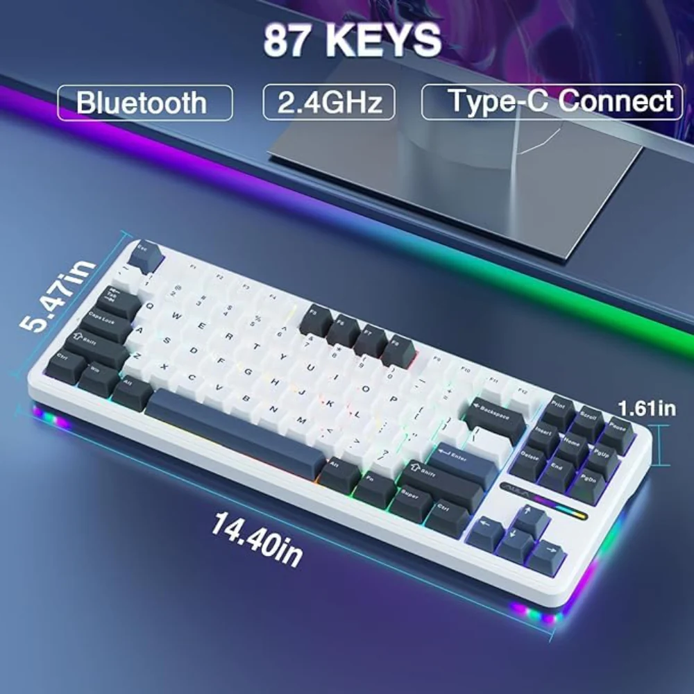 Aula-f87-75-wireless-mechanical-gaming-keyboard-smoke-blue-graywood-switch-f87uw-06 87-key wireless mechanical keyboard with rgb underglow, highlighting bluetooth, 2. 4ghz, and type-c connectivity and its dimensions (14. 4" long, 5. 4" wide, 1. 6" high).