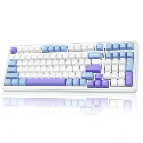 Aula-f99-96-wireless-mechanical-gaming-keyboard-graywood-switch-white-blue-f99uww-01 Full-size keyboard with white, light blue, and purple keycaps on a reflective surface.