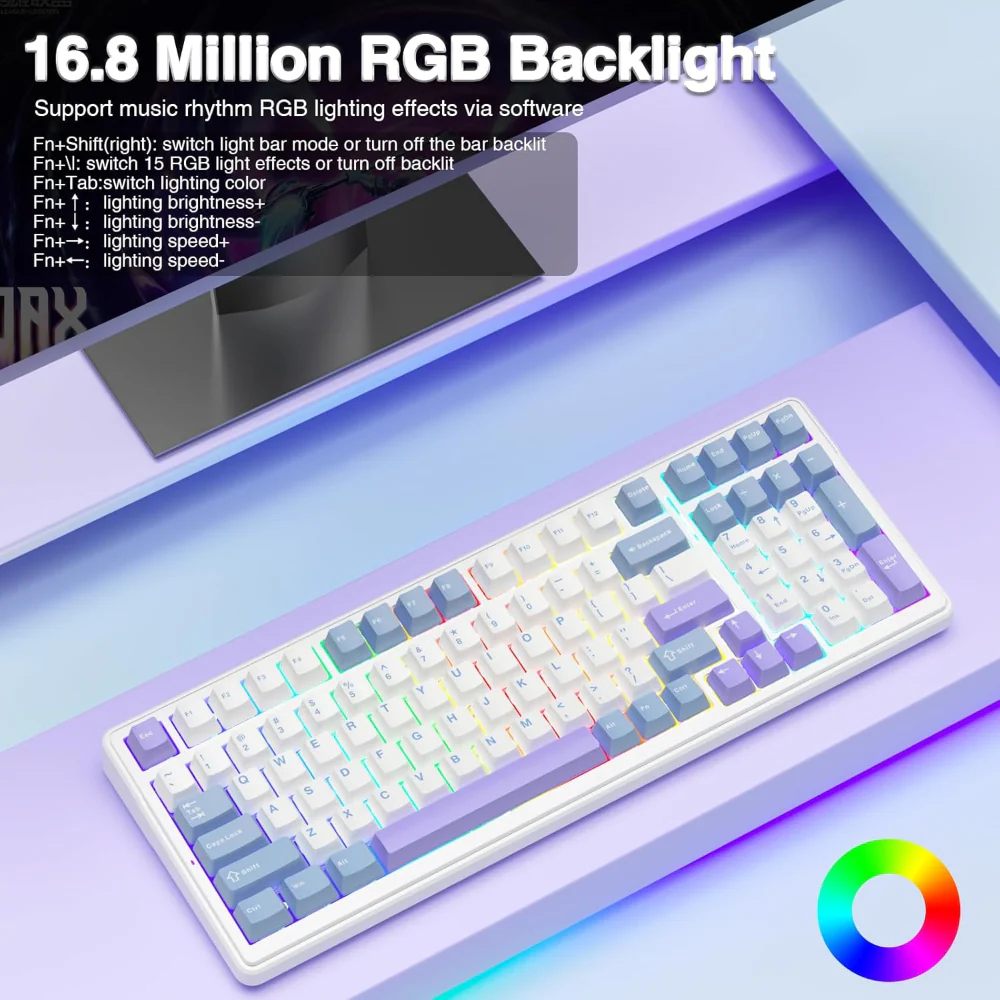 Aula-f99-96-wireless-mechanical-gaming-keyboard-graywood-switch-white-blue-f99uww-03 White keyboard with rainbow rgb backlighting on a pastel purple desk; color wheel icon bottom right.