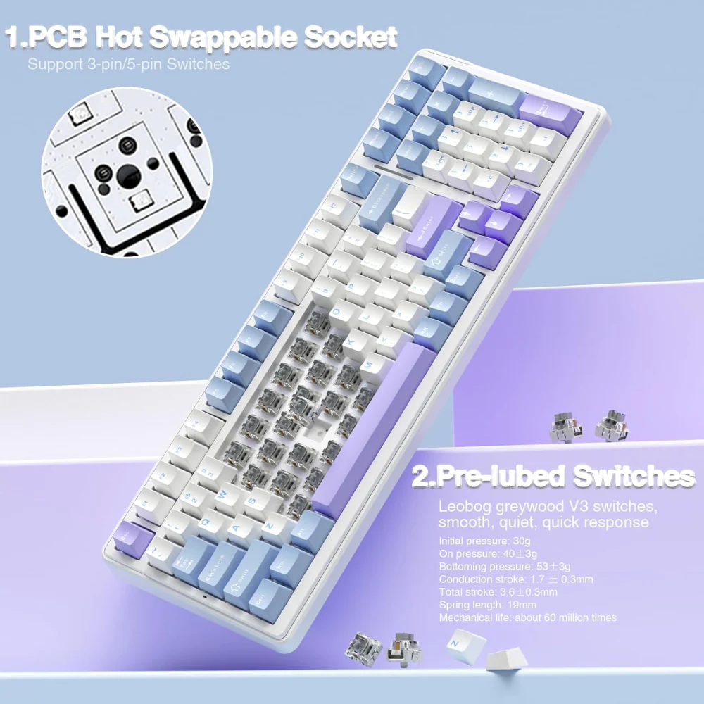 Aula-f99-96-wireless-mechanical-gaming-keyboard-graywood-switch-white-blue-f99uww-04 Promotional graphic of a pastel mechanical keyboard with a circular pcb close-up inset; text highlights '1. Pcb hot swappable socket' and '2. Pre-lubed switches'.