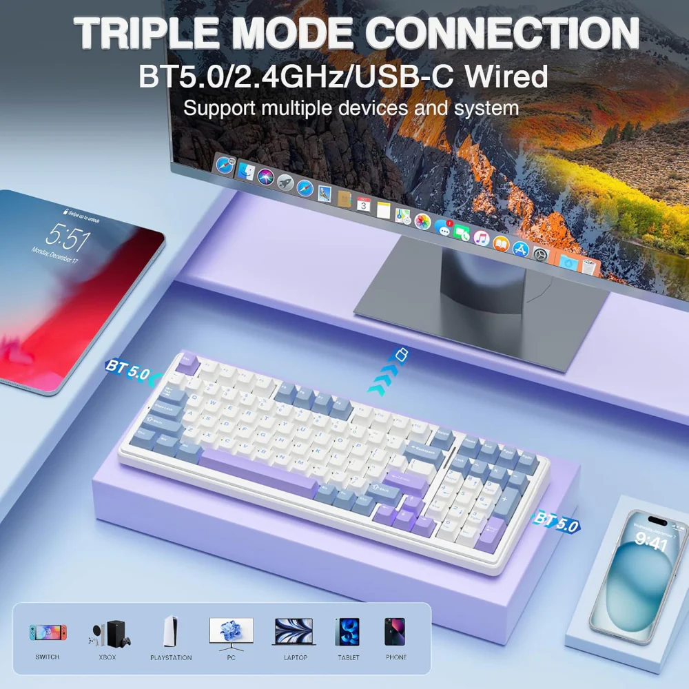 Aula-f99-96-wireless-mechanical-gaming-keyboard-graywood-switch-white-blue-f99uww-05 Marketing illustration of a wireless keyboard shown on a pastel purple stand, highlighting bt 5. 0/2. 4ghz/usb-c wired modes and multi‑device compatibility.