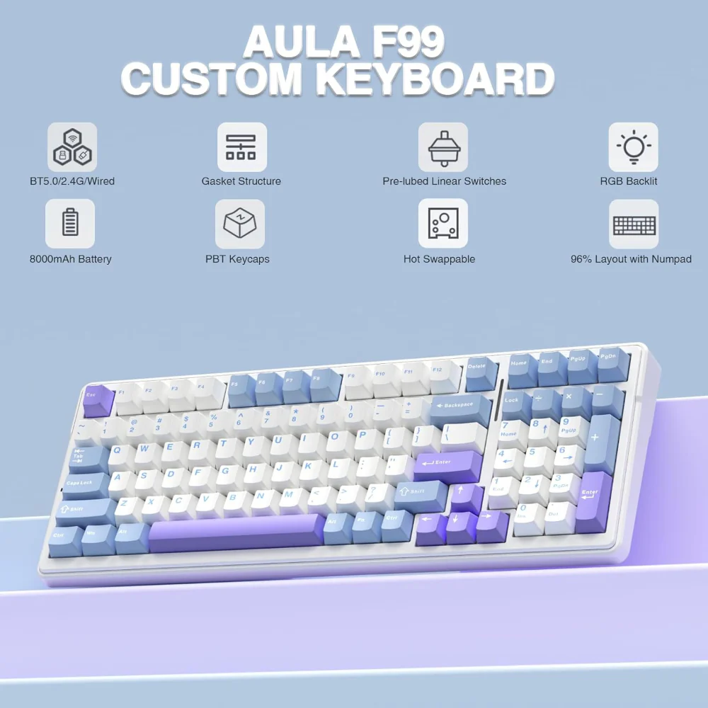 Aula-f99-96-wireless-mechanical-gaming-keyboard-graywood-switch-white-blue-f99uww-06 Pastel-colored aula f99 custom keyboard displayed on a lavender surface with eight feature icons above it (bluetooth, gasket structure, hot-swappable switches, rgb backlight, 8000mah battery, pbt keycaps, 96% layout).