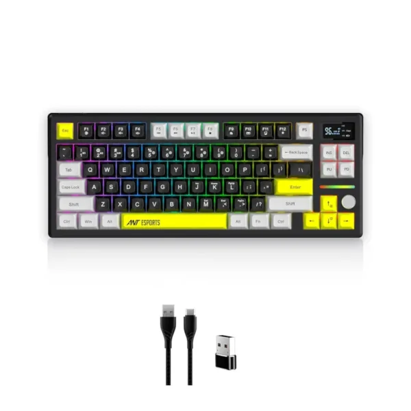 Ant-esports-apex-200-wireless-argb-keyboard-black-1 Colorful backlit gaming keyboard with yellow accents; includes usb wireless dongle and two cables beneath it.