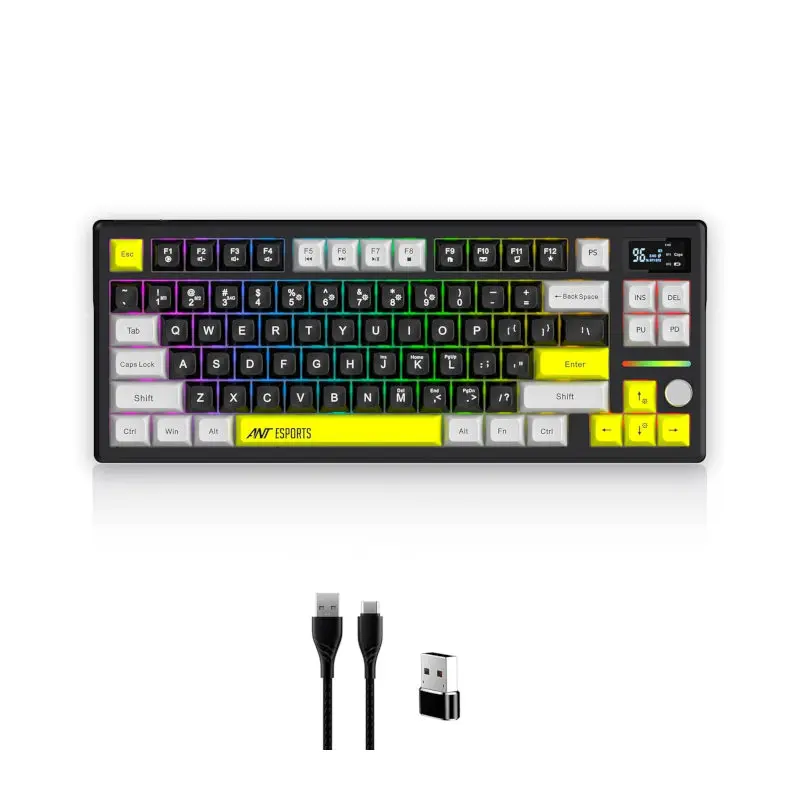 Ant-esports-apex-200-wireless-argb-keyboard-black-1 Colorful backlit gaming keyboard with yellow accents; includes usb wireless dongle and two cables beneath it.