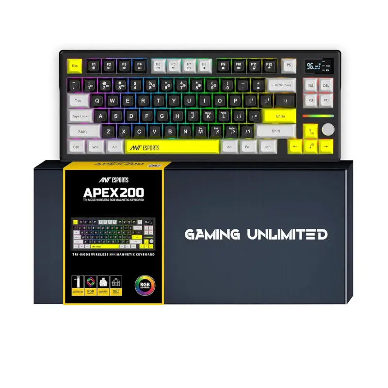 Ant-esports-apex-200-wireless-argb-keyboard-black-2 Tri‑mode wireless rgb magnetic keyboard with neon yellow keys displayed above its black and yellow packaging box.