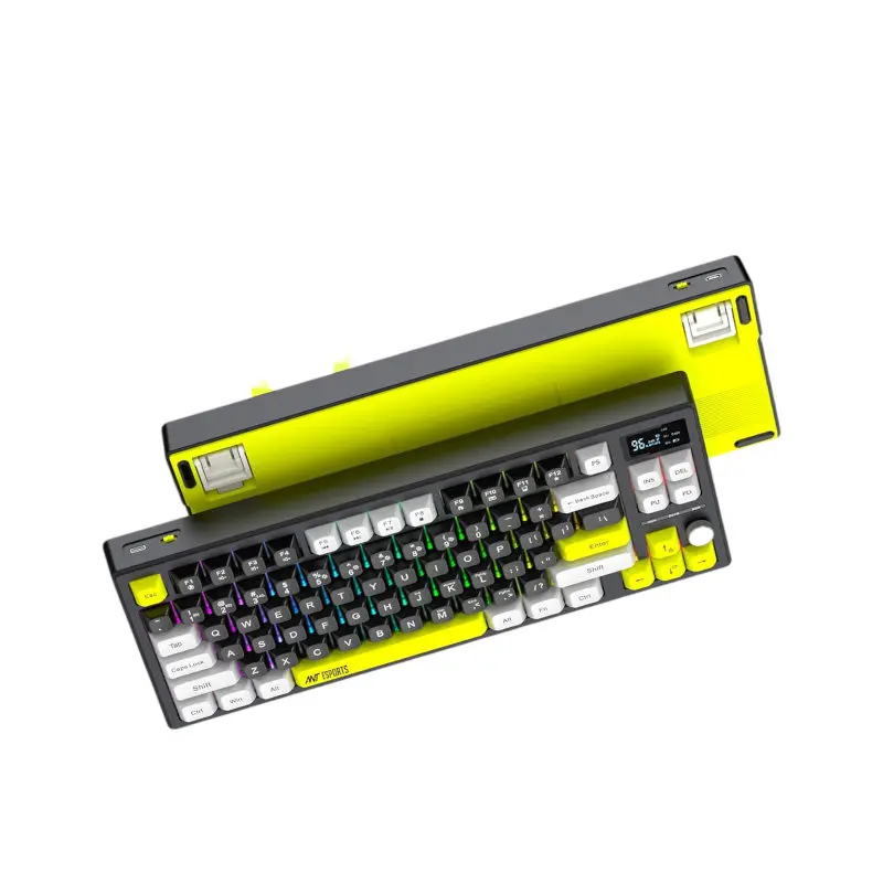 Ant-esports-apex-200-wireless-argb-keyboard-black-3 Colorful mechanical keyboard with a bright yellow frame and multi-colored backlit keys showcased on a white background (product/tech gear photo)