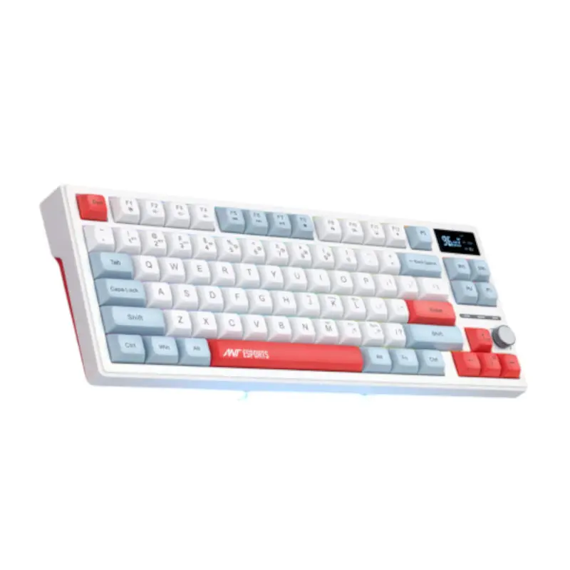 Ant-esports-apex-200-wireless-argb-keyboard-white-2 Angle shot of a white mechanical keyboard with pastel blue and white keys accented by red keys and subtle blue underglow.