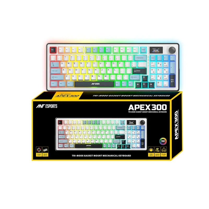 Ant-esports-apex-300-tri-mode-gasket-mount-mechanical-keyboard-2 Apex300 tri-mode gasket-mount mechanical keyboard with rainbow rgb lighting on a yellow and black box.