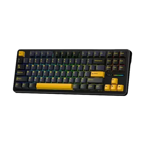 Aula-f87-wireless-tri-mode-rgb-mechanical-gaming-thunder-black-keyboard-with-graywood-switch-f87-tbw-01 Black mechanical keyboard with yellow accent keys and a yellow spacebar on a dark case.