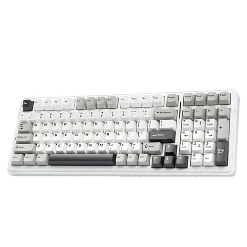 Aula-f99-tri-mode-rgb-mechanical-gaming-grey-white-keyboard-with-graywood-switches-01 Full-size, beige mechanical keyboard with a numeric keypad and gray keycaps on a white base.