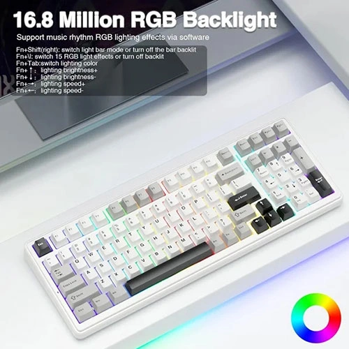 Aula-f99-tri-mode-rgb-mechanical-gaming-grey-white-keyboard-with-graywood-switches-06 White keyboard with multicolor rgb backlighting and a color wheel in the corner.