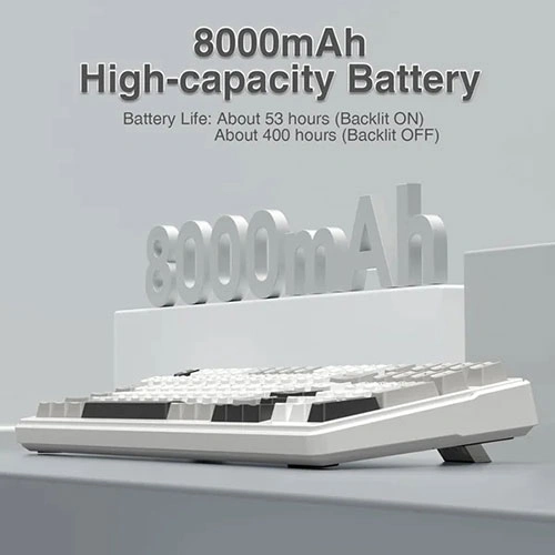Aula-f99-tri-mode-rgb-mechanical-gaming-grey-white-keyboard-with-graywood-switches-07 3d rendering of an 8000mah high-capacity battery with a keyboard-like base; title reads '8000mah high-capacity battery'.