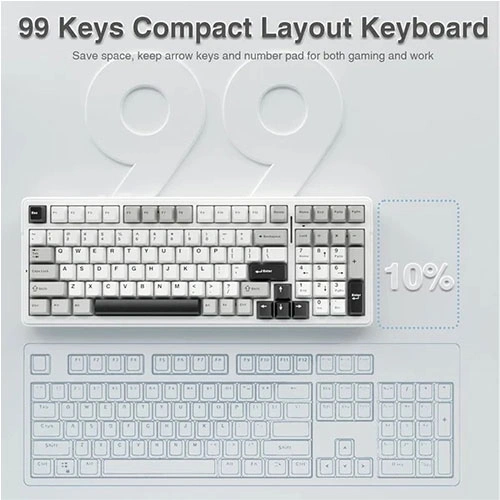 Aula-f99-tri-mode-rgb-mechanical-gaming-grey-white-keyboard-with-graywood-switches-09 Product photo of a 99-key compact layout keyboard, highlighting its space-saving design with a focus on compact arrow area and numeric keypad.