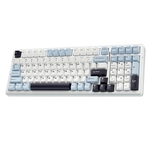 Aula-f99-tri-mode-rgb-mechanical-gaming-ice-blue-keyboard-with-reaper-switches-01 Full-size mechanical keyboard with cream and blue keycaps on a white surface with numeric keypad