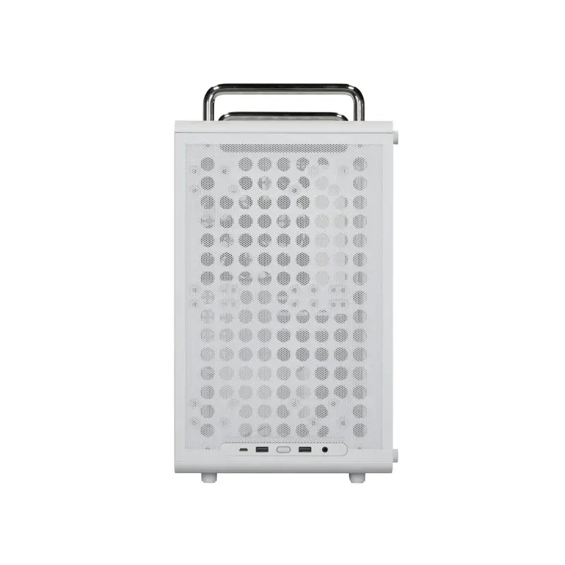Cooler master qube 340 matx cabinet white q340-wgnn-s00 -02 White portable speaker with perforated front grille, metal top handle, and bottom control panel.