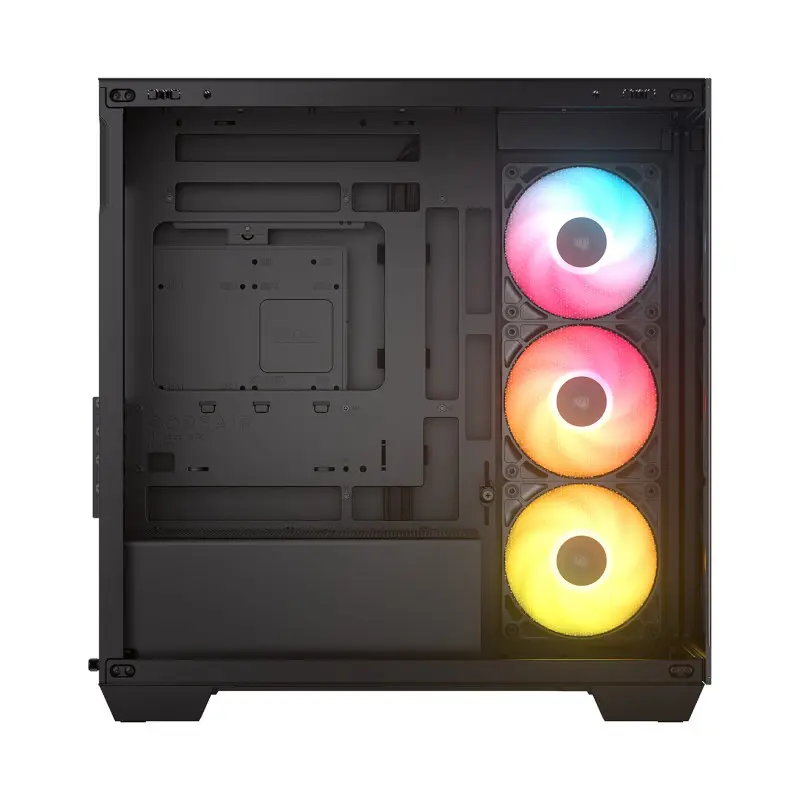 Corsair 2800x rs-r argb m-atx 360mm cabinet black cc-9011347-ww -03 Open-framed black pc case with three rgb cooling fans on the right side and an empty motherboard tray on the left side.