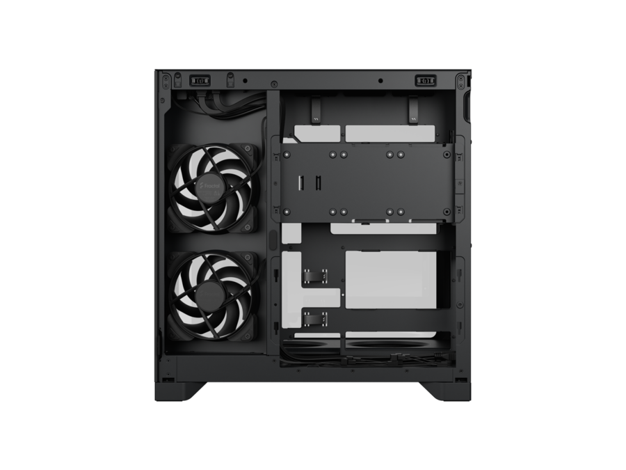 Fractal design - pop 2 vision black - dual-chamber case with glass panels 4 fans e-atx support - black -01 Mid-tower pc case interior with two large front-mounted fans on the left, motherboard tray and drive bays visible, cables neatly routed.