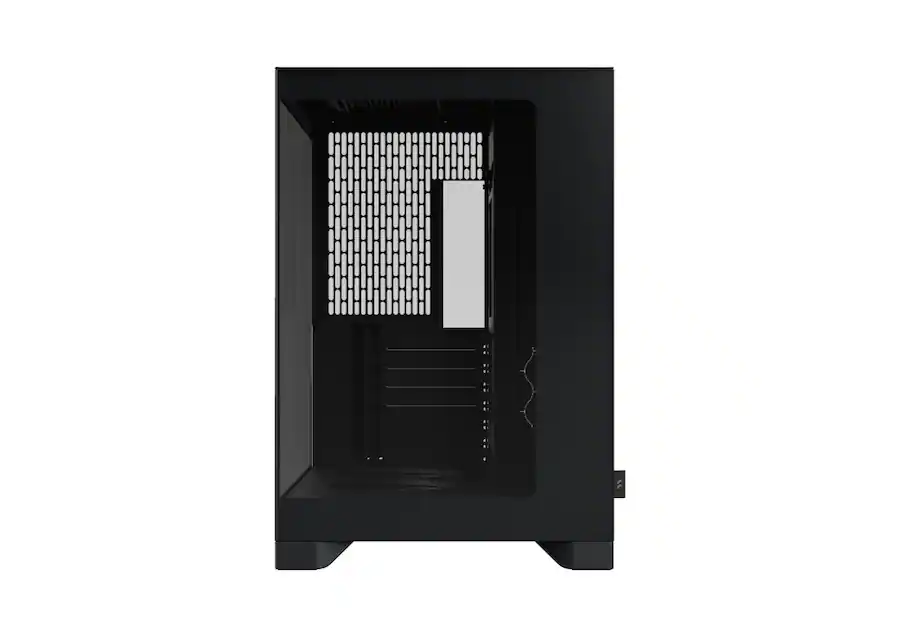 Fractal design - pop 2 vision black - dual-chamber case with glass panels 4 fans e-atx support - black -02 Black computer case with side panel removed, empty interior and pcie slots visible at the back.