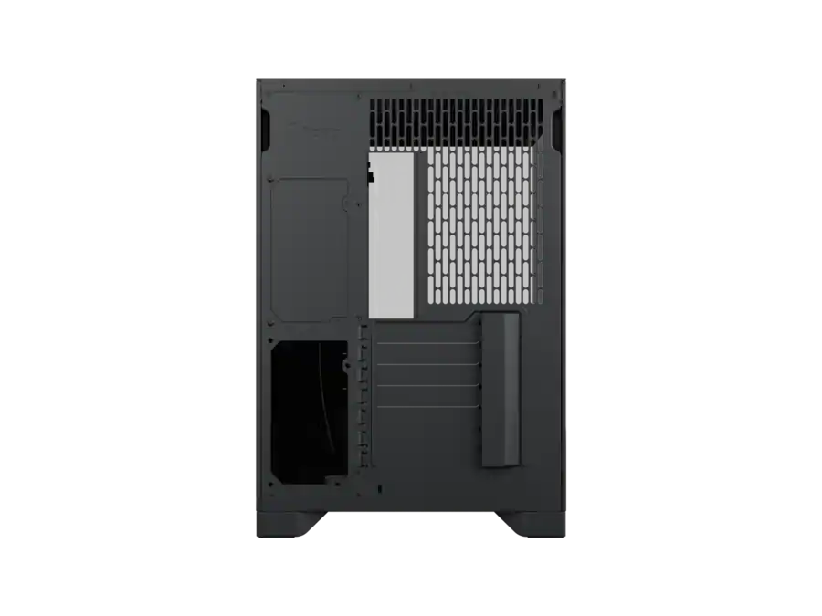 Fractal design - pop 2 vision black - dual-chamber case with glass panels 4 fans e-atx support - black -08 Rear view of a black desktop computer case, showing ventilation grid, expansion slots, and drive bays on the back panel.