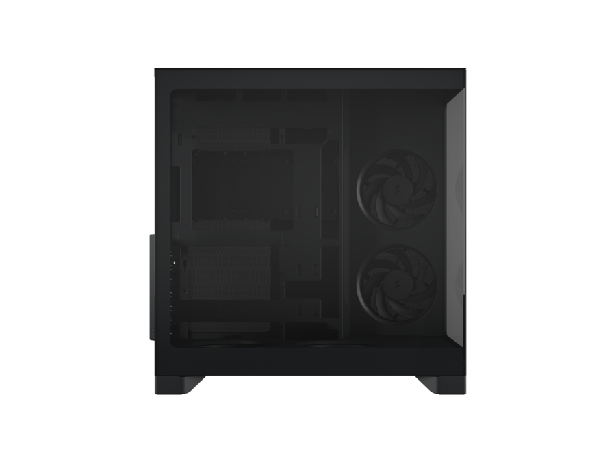 Fractal design - pop 2 vision black - dual-chamber case with glass panels 4 fans e-atx support - black -09 Black pc case with a transparent side panel; interior layout faintly visible and two front-mounted cooling fans show through