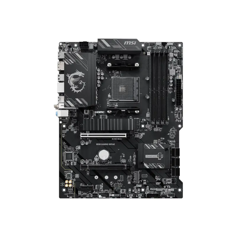 Msi b550 gaming wifi6e am4 ddr4 motherboard -02 Msi gaming motherboard with pcie x16 slot, cpu socket, ram dimm slots, and i/o panel visible