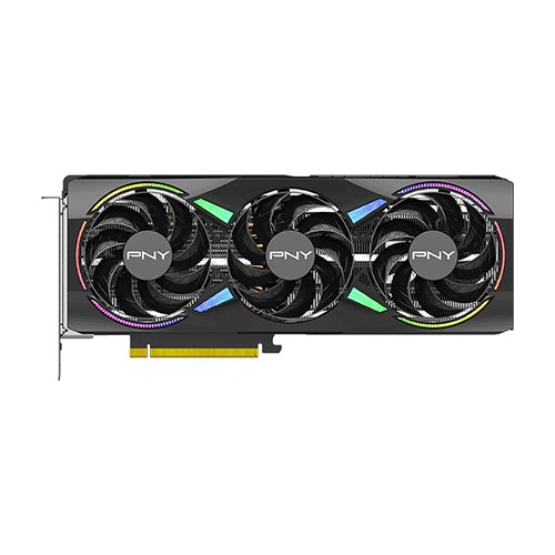 Pny rtx 5070 ti argb oc 16gb gddr7 graphics card -03 Triple-fan pny graphics card with rgb lighting, showing a pcie bracket on the left and the gold pcie connector at the bottom.
