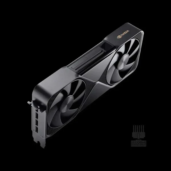 Pny-rtx-pro-6000-blackwell-workstation-edition-96gb-gddr7-graphics-card-vcnrtxpro6000b-pb-01 Nvidia graphics card with two large cooling fans and a pcie bracket against a black background