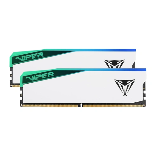 Patriot viper elite 5 rgb white 32gb 16gbx2 6000mhz cl30 ddr5 ram -01 Two viper ddr4 ram modules with white heat spreaders, green diagonal accent and blue accents on top