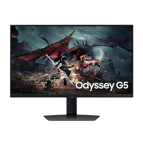Samsung odyssey g5 ls27fg502ewxxl 27 inch monitor -01 Gaming monitor on a stand displaying a fantasy dragon battle scene with the 'odyssey g5' logo on screen.