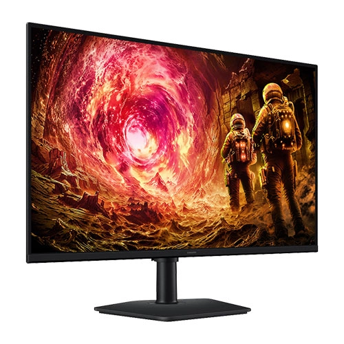 Samsung odyssey g5 ls32fg502ewxxl 32 inch gaming monitor -03 Monitor showing a sci-fi scene: two astronauts stand before a glowing swirling portal in a rocky landscape.