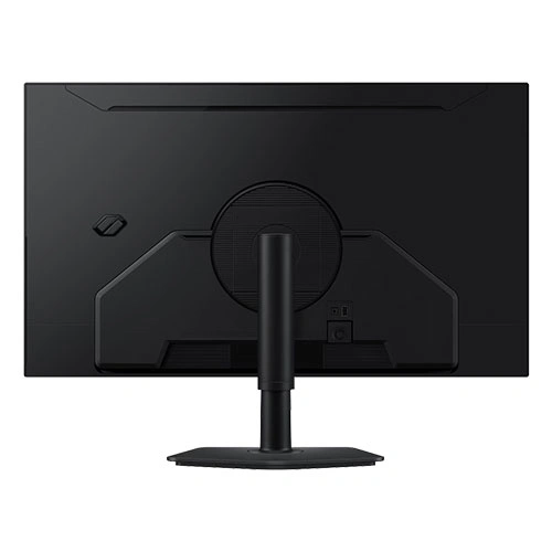 Samsung odyssey g5 ls32fg502ewxxl 32 inch gaming monitor -04 Rear view of a black widescreen computer monitor on a circular-pivot stand, showing the back panel and stand connection