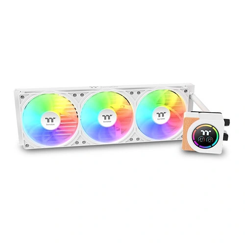 White pc liquid cooling radiator with three rgb-lit fans and a matching rgb pump block showing colorful lighting patterns.